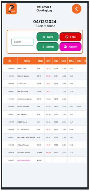 PayrollApp Clockings Screen